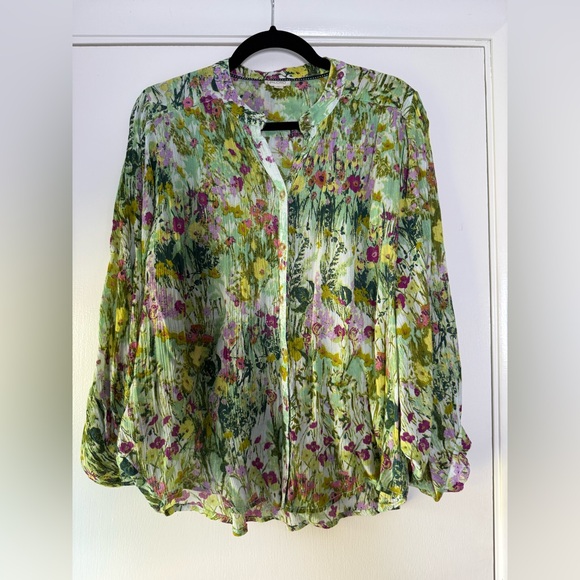 Pilcro Anthropologie Sidney Batwing Blouse Green Purple Watercolor Floral Medium - Picture 5 of 11